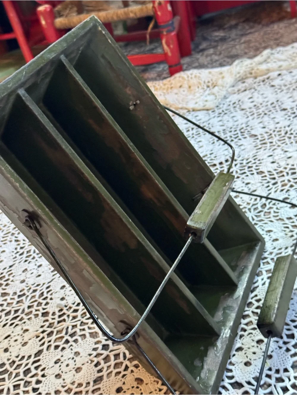 Vintage Primitive Wooden Divided Tool Caddy | Green Farmhouse Carrier